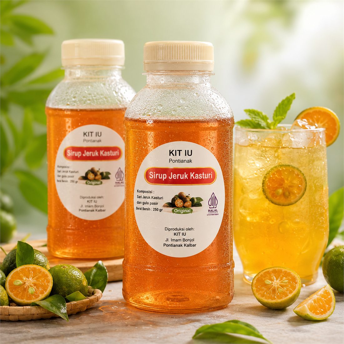 Botol Sirup Jeruk Kasturi KIT IU Pontianak dengan sajian kasturi dingin
